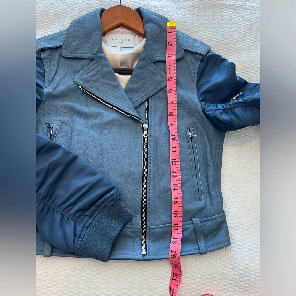 SANDRO Blue Ruched Shell-Paneled Sleeves Leather Goat Biker Jacket - Picture 13 of 16